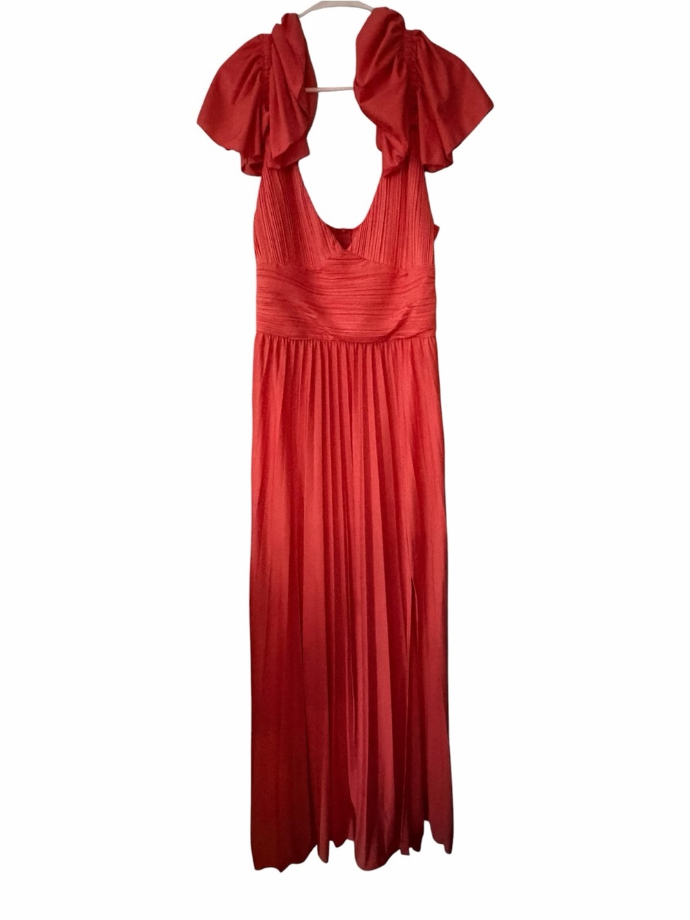 ASOS DESIGN Tall Coral Pleated Maxi Dress Ruffle Shoulder Slit UK18 EU46 - Picture 10 of 12